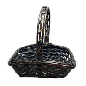 Rich Brown Woven Wicker Basket Arched Handle Intricate Weave